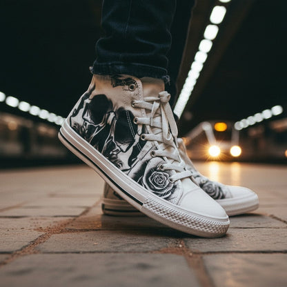Men's Grey Skull & Roses Black & White high-top canvas shoes — one-of-a-kind custom printed art, Freaky Shoes