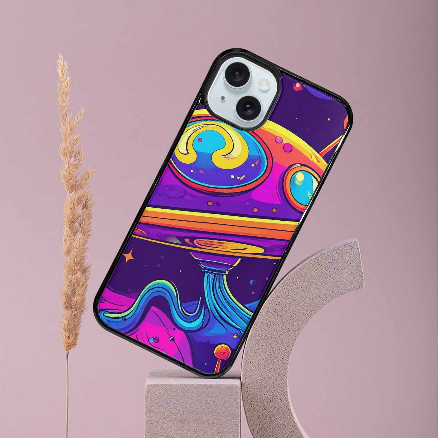 iPhone 15 Plus Case — Alien Ufo Cartoon Art Pattern Groovy, Custom Designed Case Cover