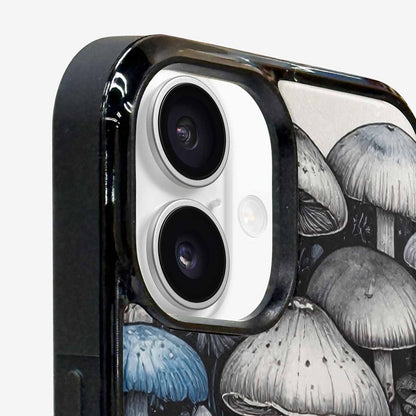 iPhone 16 Case — Mushrooms General Black Blue Ink Mushrooms, Unique Phone Case Design