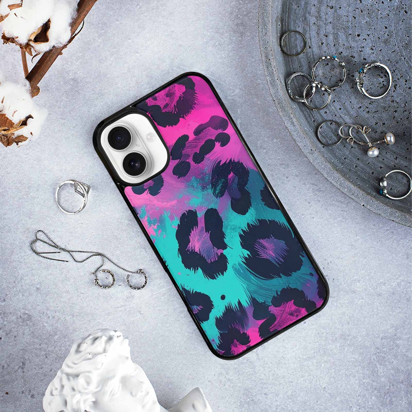 iPhone 16 Plus Case — Leopard Neon Pink Teal Airbrush, Custom Designed Case Cover
