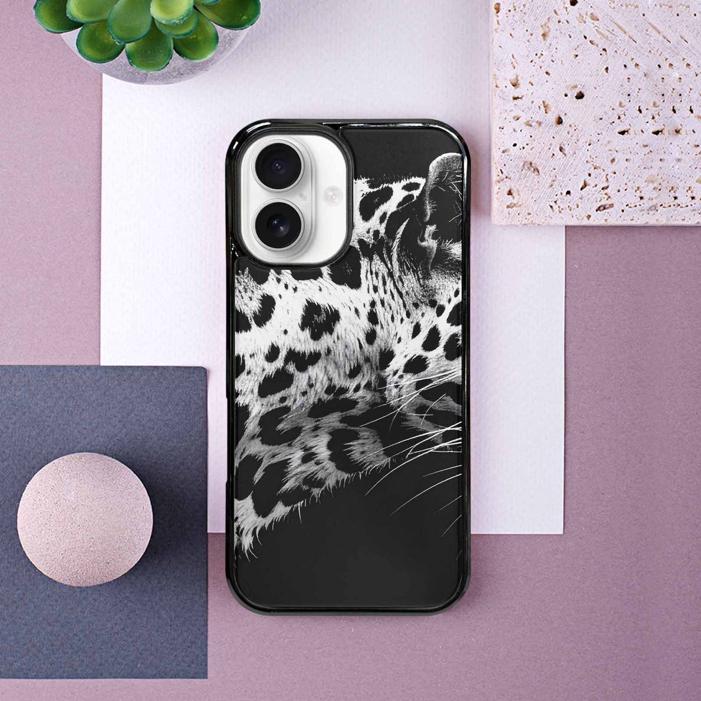iPhone 16 Case — Leopard Print Black And White Style, Custom Print Case Cover