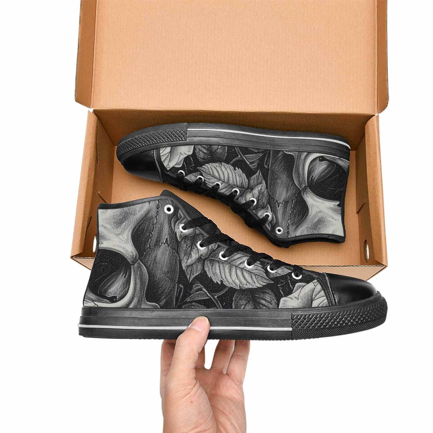WOMEN'S Skulls Roses Pen Ink High Top Canvas Dreamcore Custom Sneakers