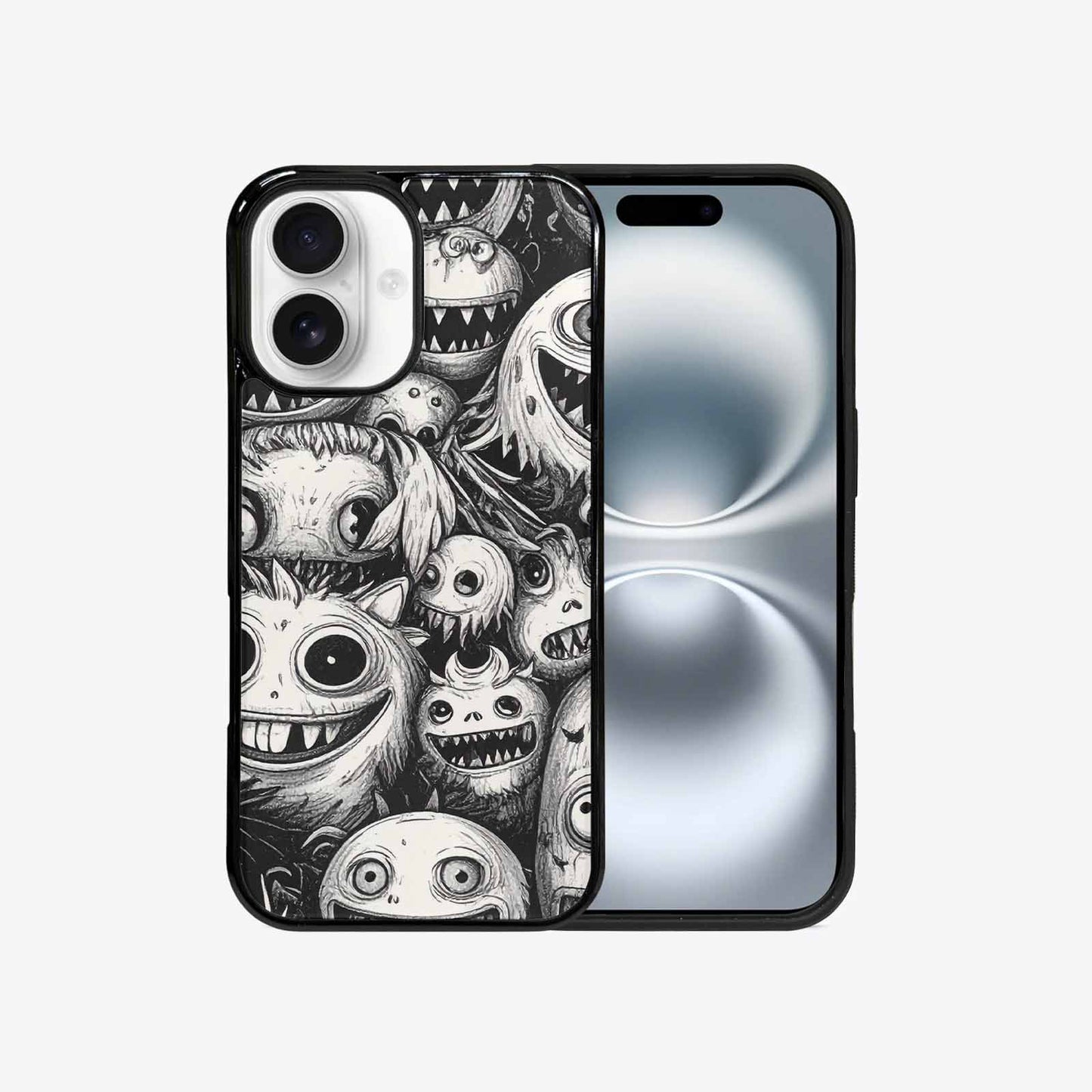 iPhone 16 Case — Black And White Monster Face Collage, Custom Printed Phone Case
