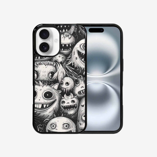 iPhone 16 Case — Black And White Monster Face Collage, Custom Printed Phone Case