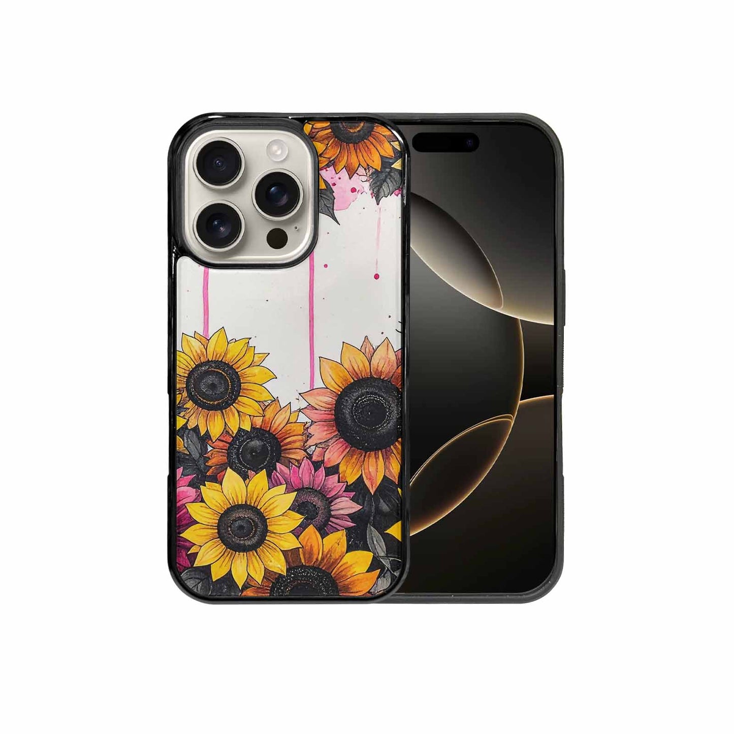 iPhone 16 Pro Case — Sunflower Burst Black Pink Ink Sunflowers, Custom Art Phone Cover