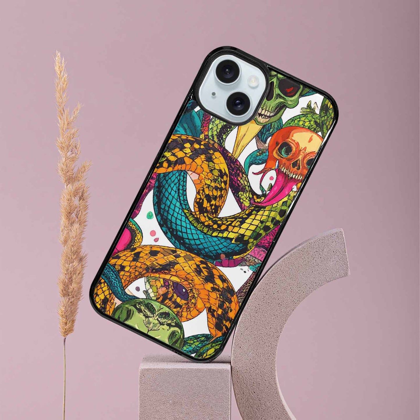 iPhone 15 Plus Case — Snake Print Skull, Custom Made Phone Cover