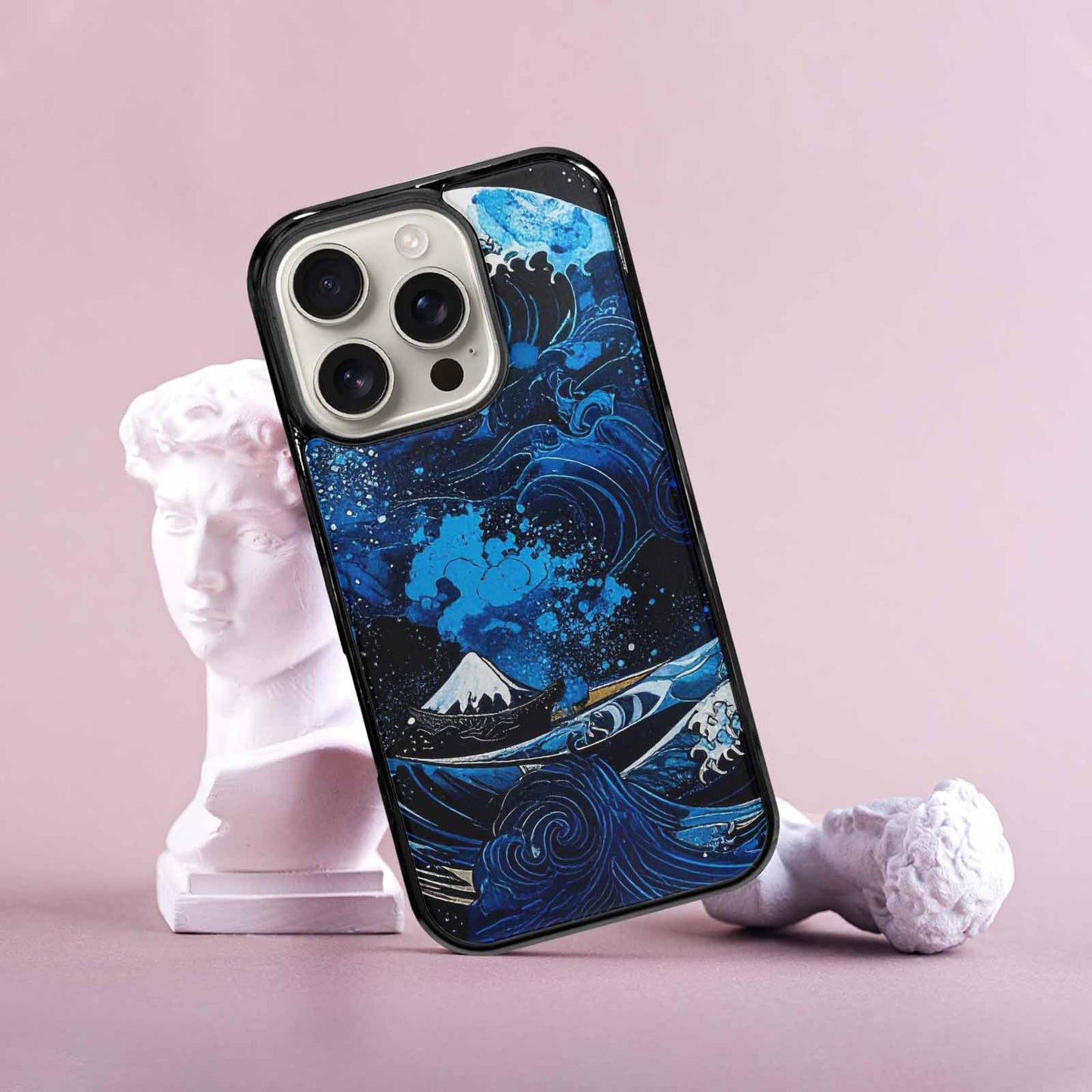 iPhone 16 Pro Case — Nautical Wave Black Blue Ink Wave, Custom Print Case Cover
