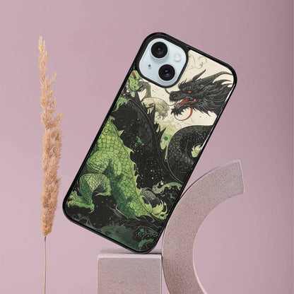 iPhone 15 Plus Case — Dragon Scale Black Green Ink Dragons, Custom Phone Case