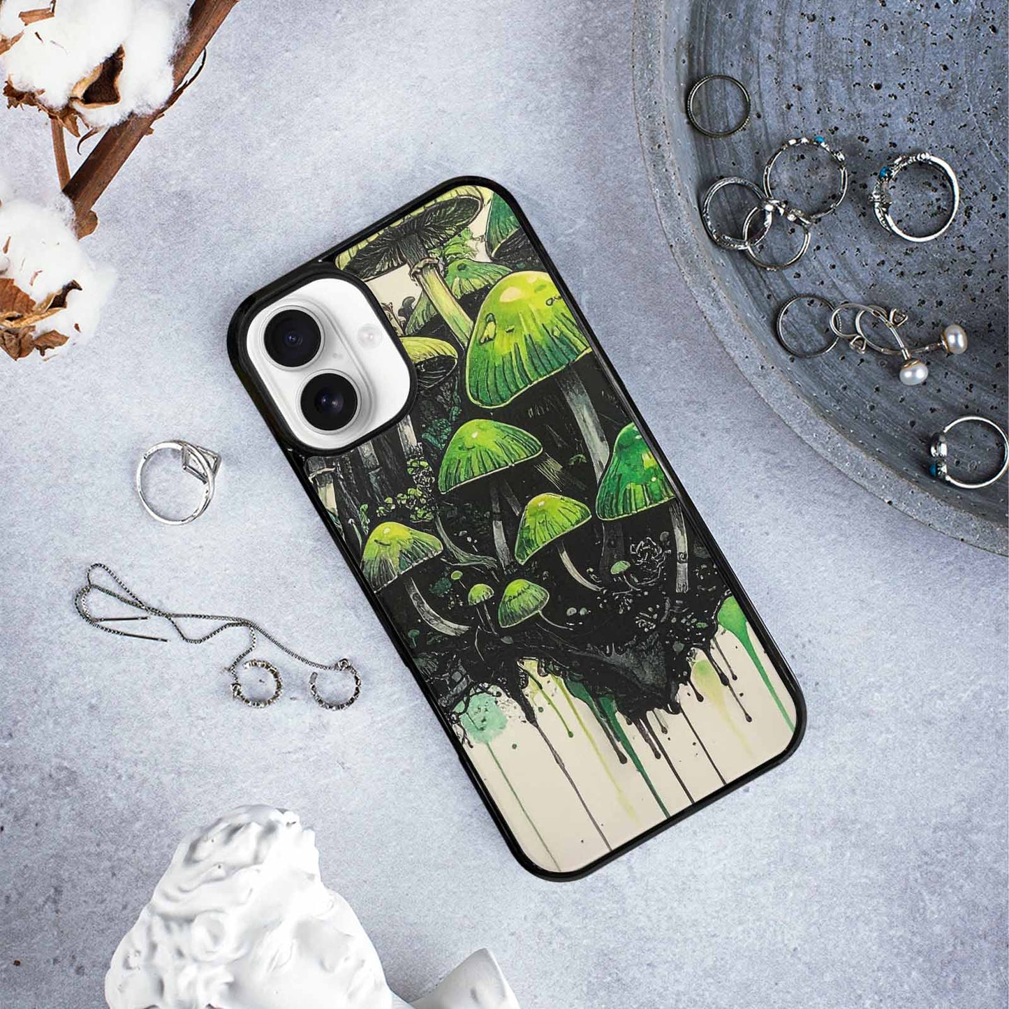iPhone 16 Plus Case — Rainbow Drip Mushrooms Black Green Ink, Custom Print Case Cover