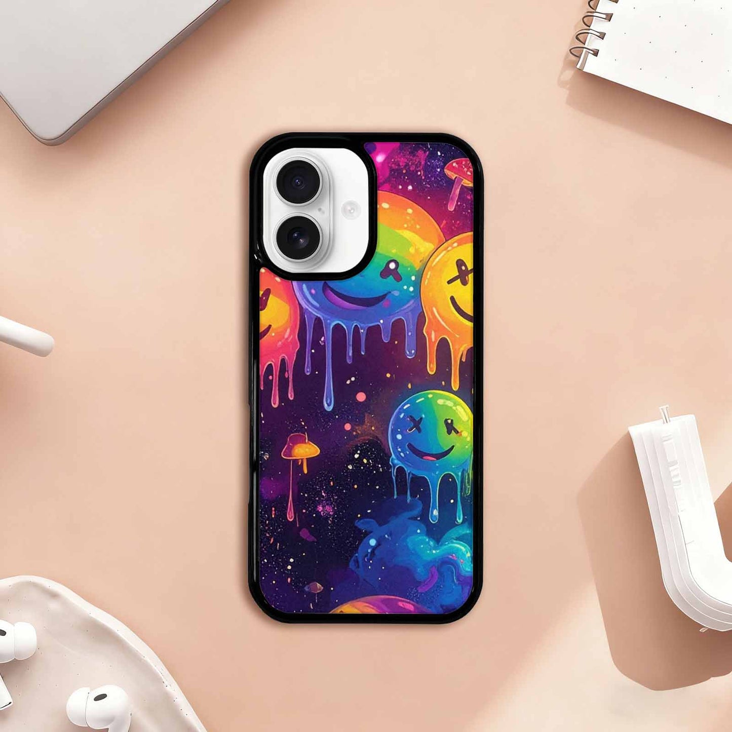 iPhone 17 Case — Melting Rainbow Smiley Faces Original Art, Custom Made Phone Cover