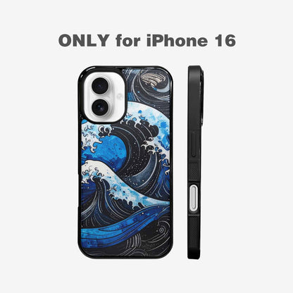 iPhone 16 Case — Nautical Wave Black Blue Ink Wave, Custom Made Phone Cover