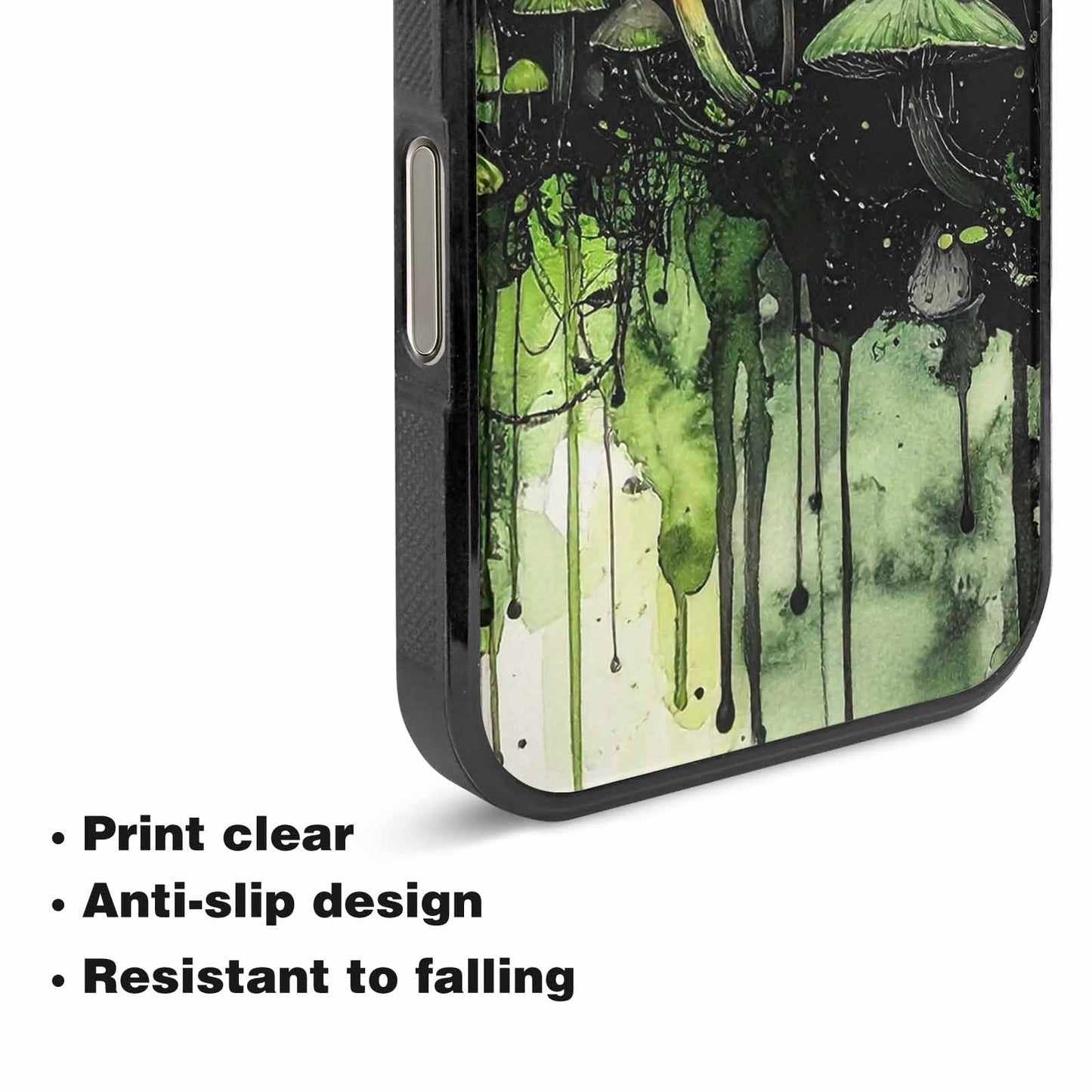 iPhone 16 Pro Max Case — Rainbow Drip Mushrooms Black Green Ink, Custom Art Phone Cover