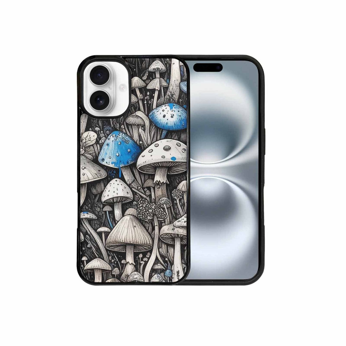 iPhone 16 Plus Case — Mushrooms General Black Blue Ink Mushrooms, Customized Protective Case