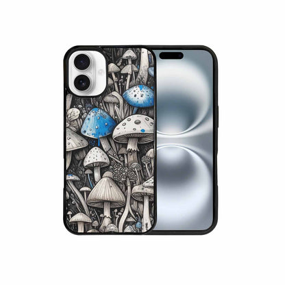 iPhone 16 Plus Case — Mushrooms General Black Blue Ink Mushrooms, Customized Protective Case