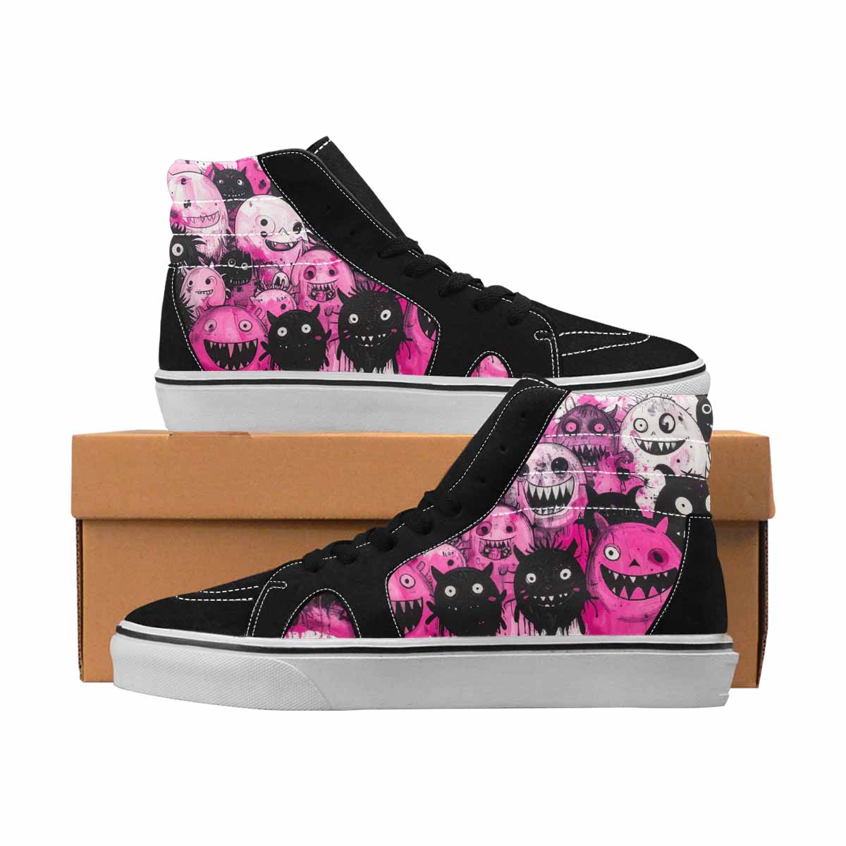MEN'S Monsters Black & Pink Ink High Top Canvas Streetwear Dark Academia Customized Sneakers