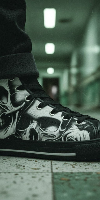 Men's Cartoon Skulls & Roses high-top canvas shoes, custom full-wrap printed design — Freaky Shoes