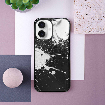 iPhone 16 Case — White Ink Splatter Texture On Black, Custom Made Phone Cover