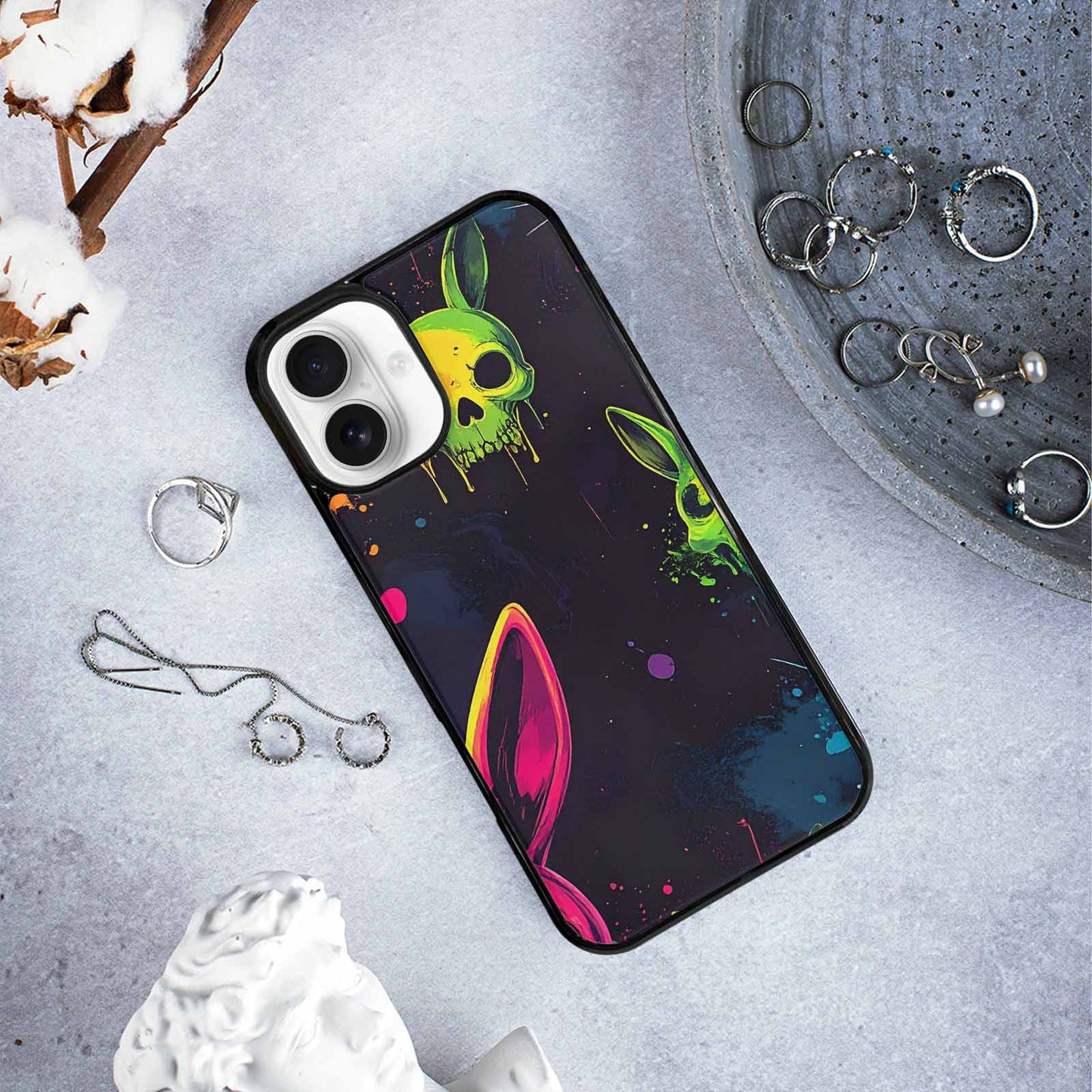 iPhone 16 Plus Case — Radioactive Ghost Bunny Skull Sm, Custom Art Phone Cover