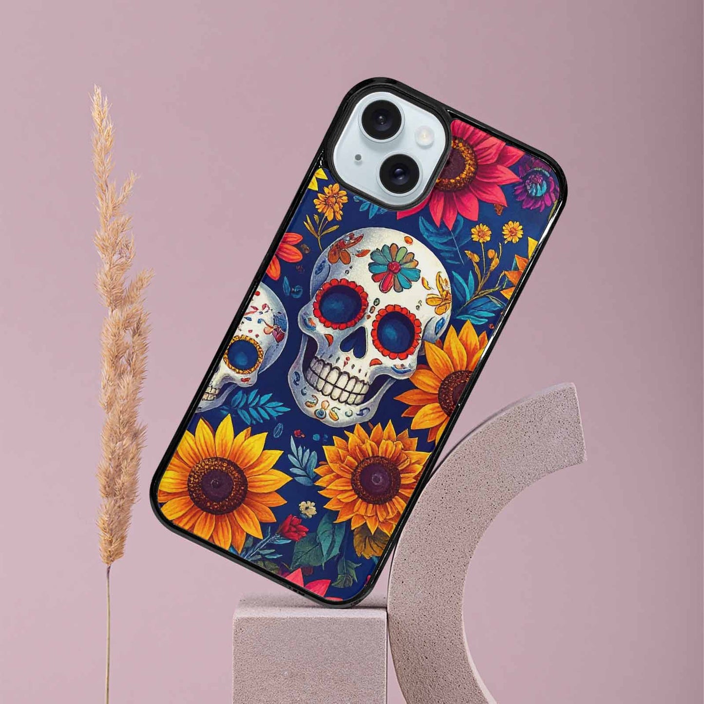 iPhone 15 Plus Case — Sunflower Skulls Print Custom, Personalized Phone Case