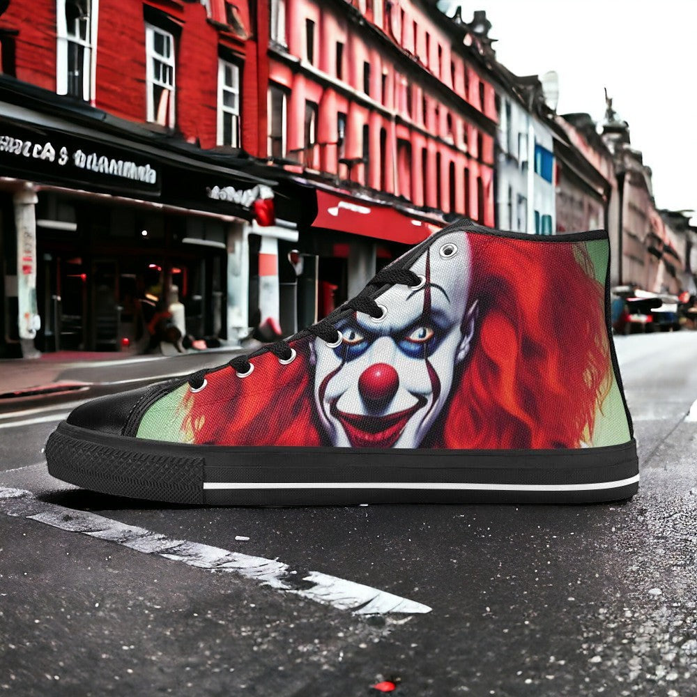 Women's Evil Clown custom high-top canvas shoes — wearable art by Freaky Shoes