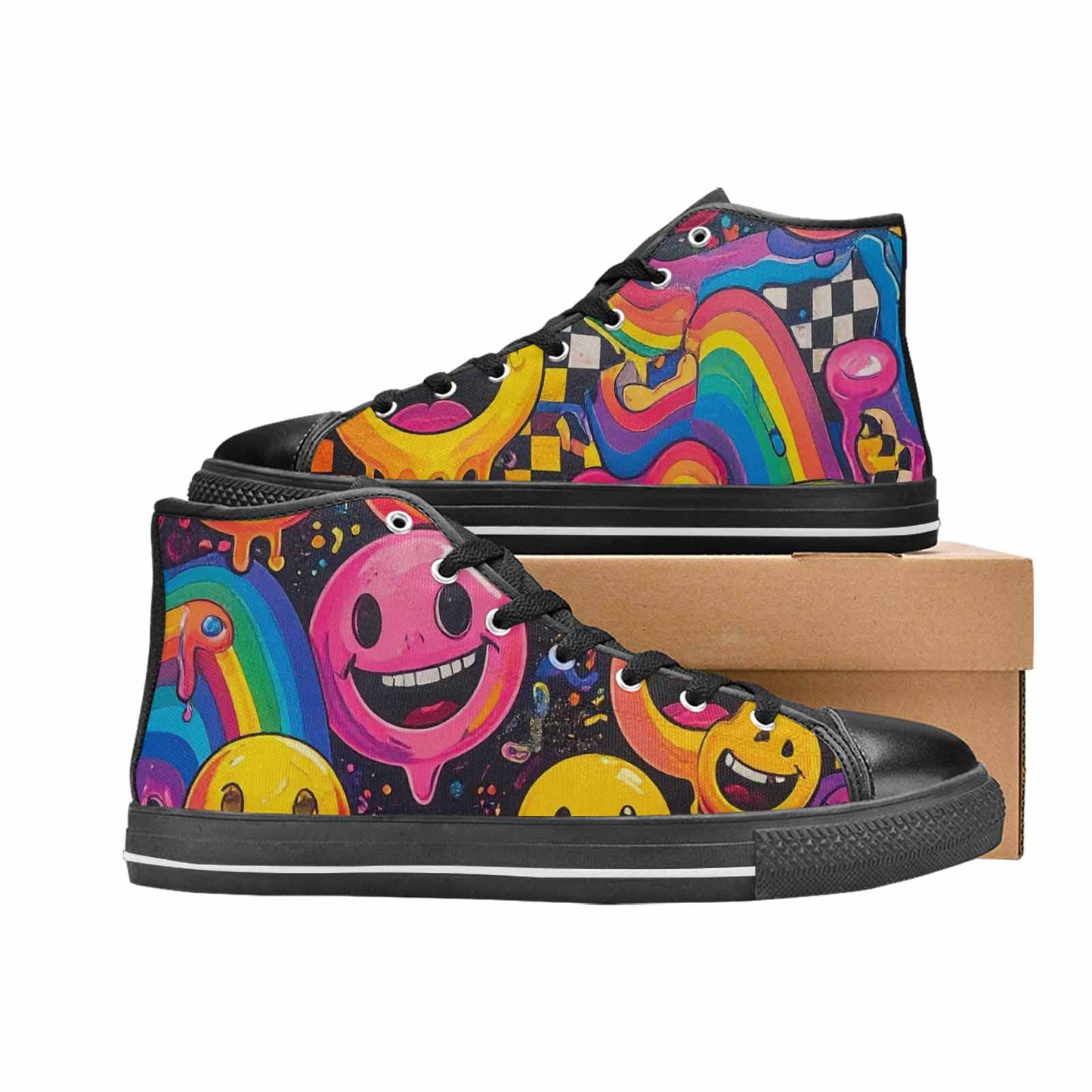 MEN'S Yellow Smiley Face High Top Canvas Grunge Sneakers