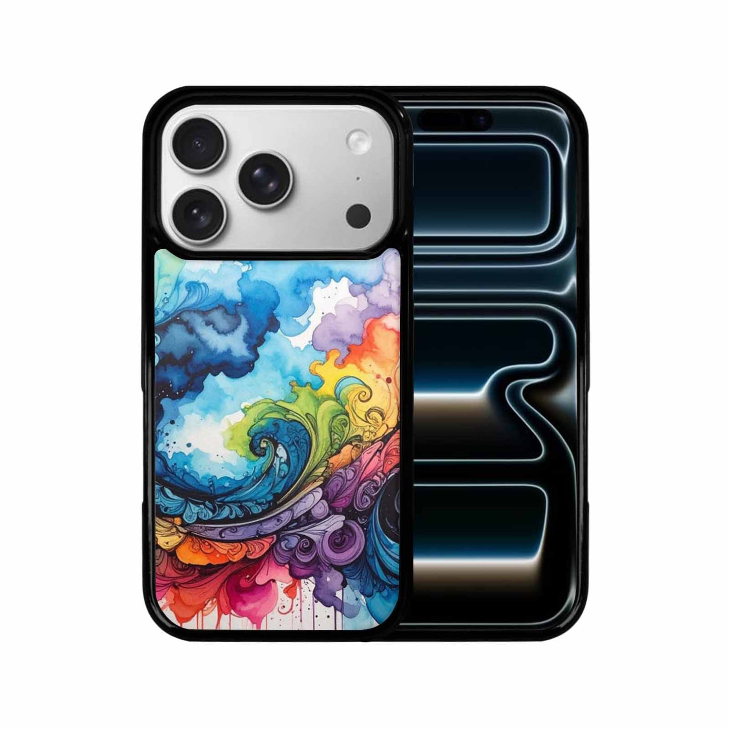 iPhone 17 Pro Case — Tie Dye Swirls Black Blue Tie, Custom Printed Phone Case
