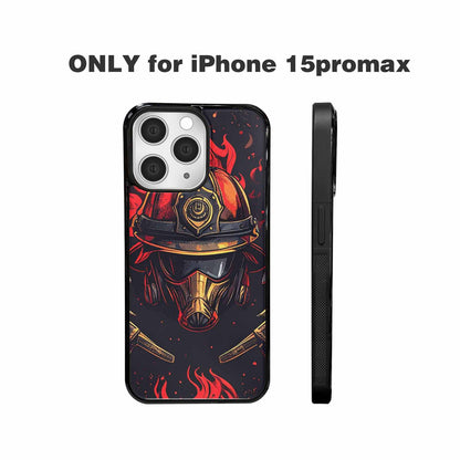 iPhone 15 Pro Max Case — Firefighter Pattern Flames Axes Helmets Seamless, Custom Made Phone Cover