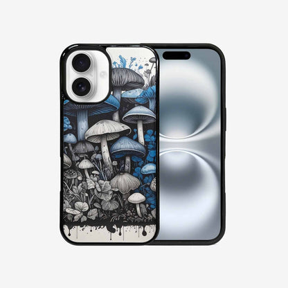 iPhone 16 Case — Mushrooms General Black Blue Ink Mushrooms, Unique Phone Case Design