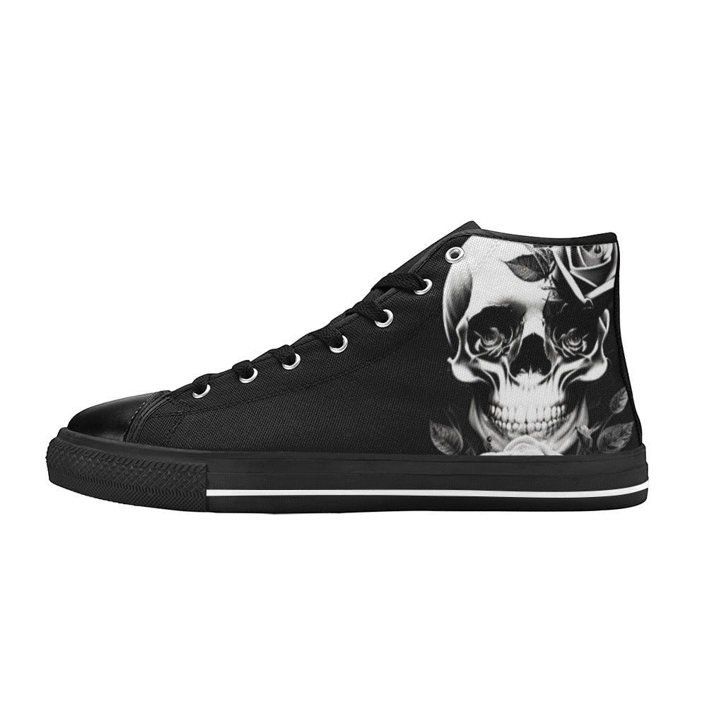 Freaky Shoes custom art sneakers featuring black and white skull art with roses, made to order
