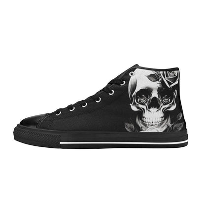 Freaky Shoes custom art sneakers featuring black and white skull art with roses, made to order