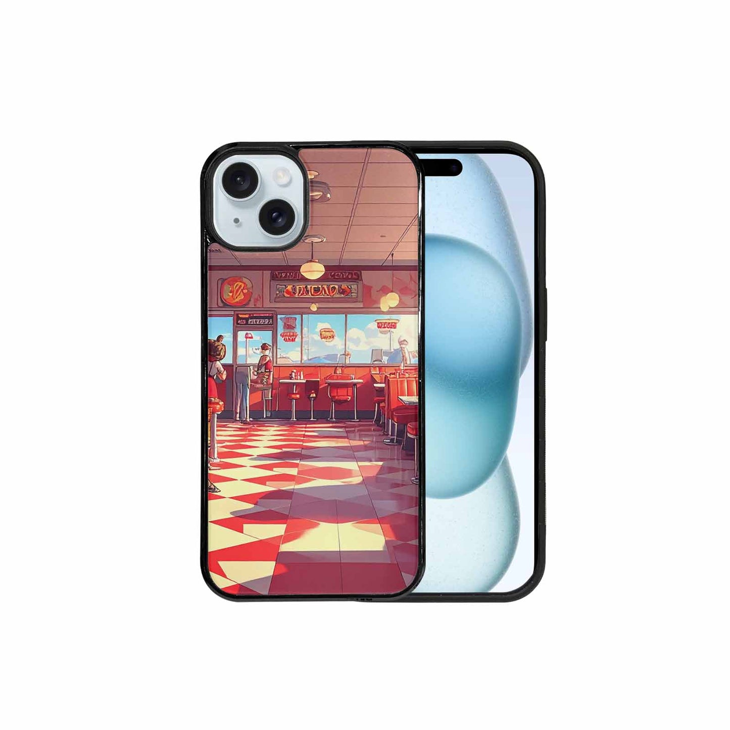 iPhone 15 Plus Case — 1950s Diner Cartoon Art Pattern, Unique Phone Case Design