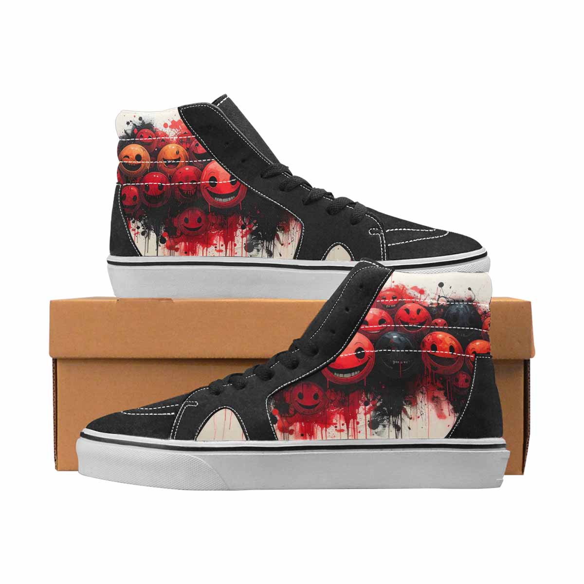 WOMEN'S Smiley Face Black & Red Ink High Top Canvas Graphic Print Cottagecore All Over Print Shoes