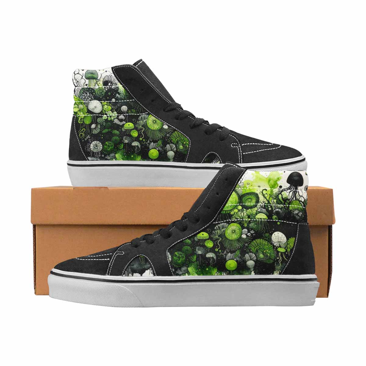 WOMEN'S Sea Creatures Black & Green Ink High Top Canvas Statement Vivid Customized Sneakers