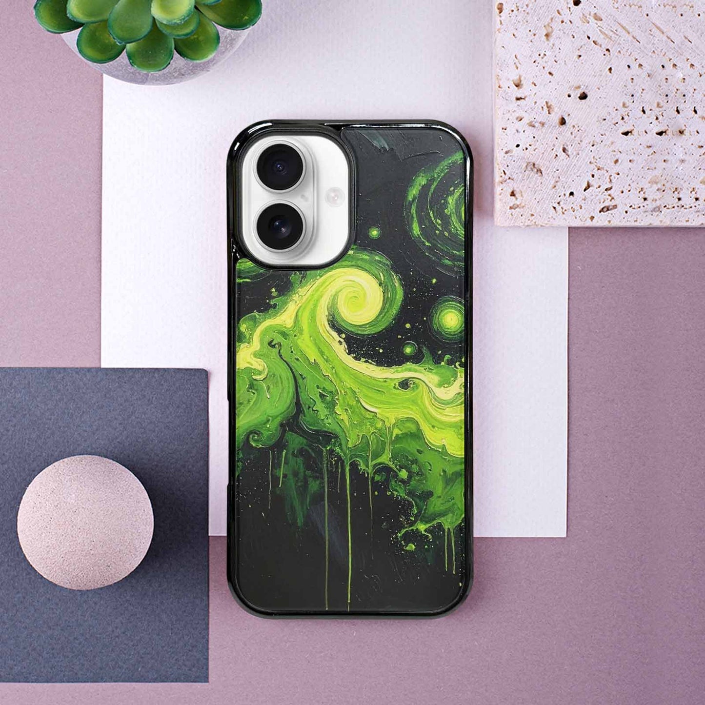 iPhone 16 Case — Melting Galaxy Acid Green, Personalized Phone Case
