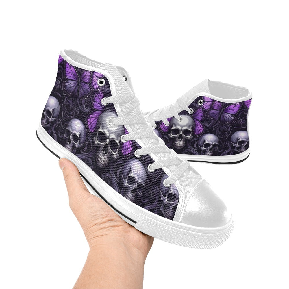 MEN'S Skull Butterfly Purple Iridescent High Top Canvas Surreal Custom Sneakers