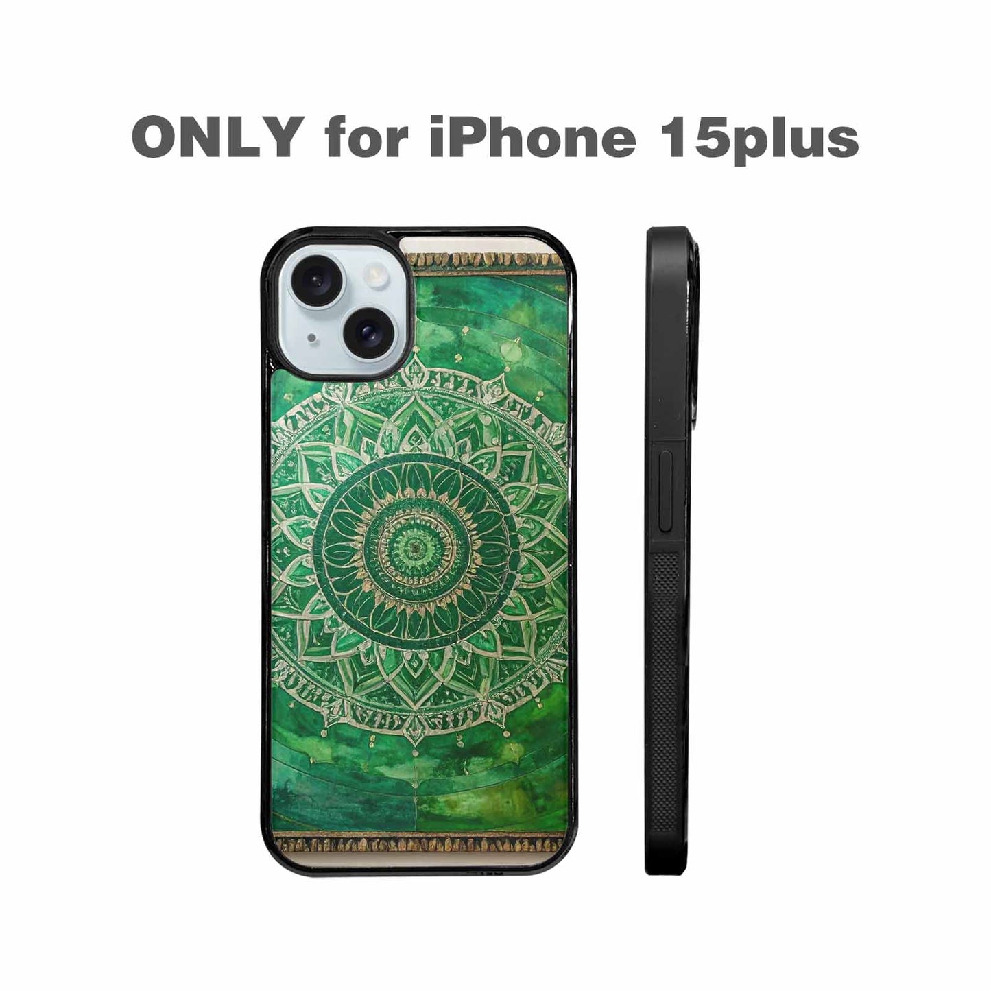 iPhone 15 Plus Case — Green Mandala Bohemian Print Edge To, Custom Made Phone Cover