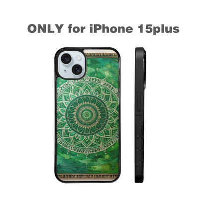 iPhone 15 Plus Case — Green Mandala Bohemian Print Edge To, Custom Made Phone Cover