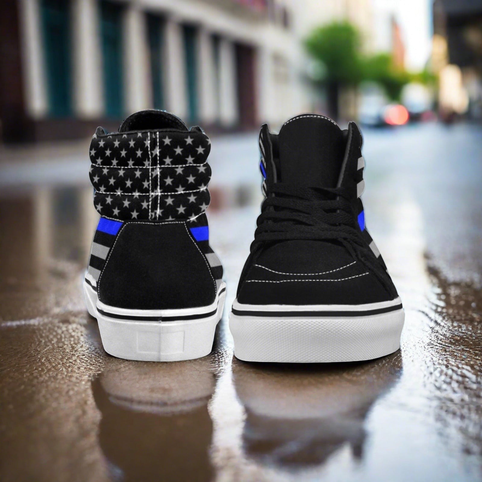 Custom Men's Thin Blue Line Flag Themed high-top canvas shoes with bold all-over art — Freaky Shoes