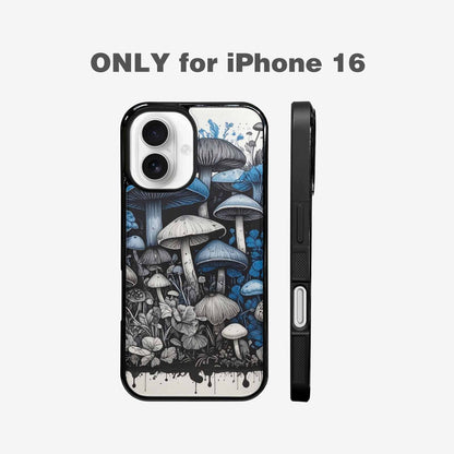 iPhone 16 Case — Mushrooms General Black Blue Ink Mushrooms, Unique Phone Case Design