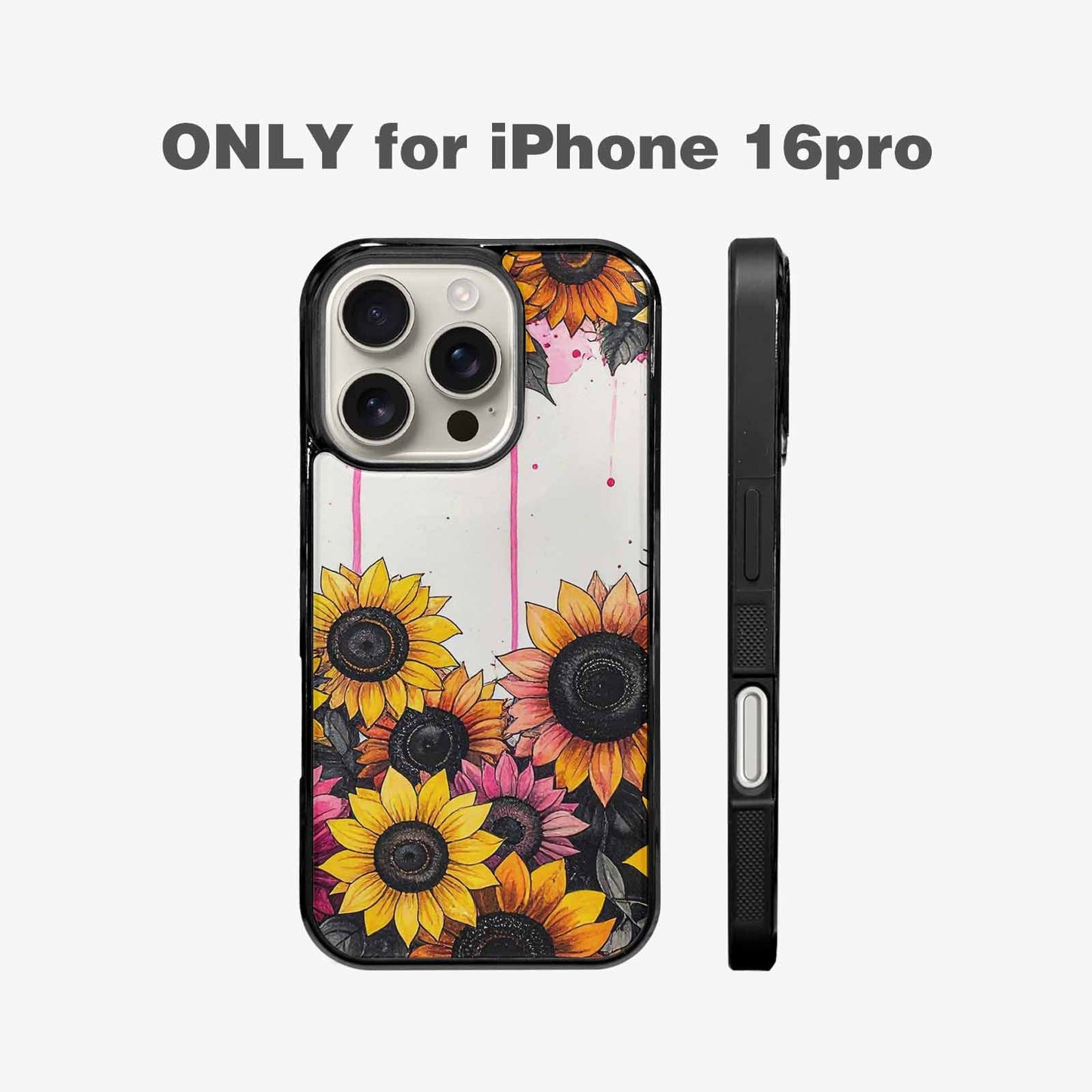iPhone 16 Pro Case — Sunflower Burst Black Pink Ink Sunflowers, Custom Art Phone Cover