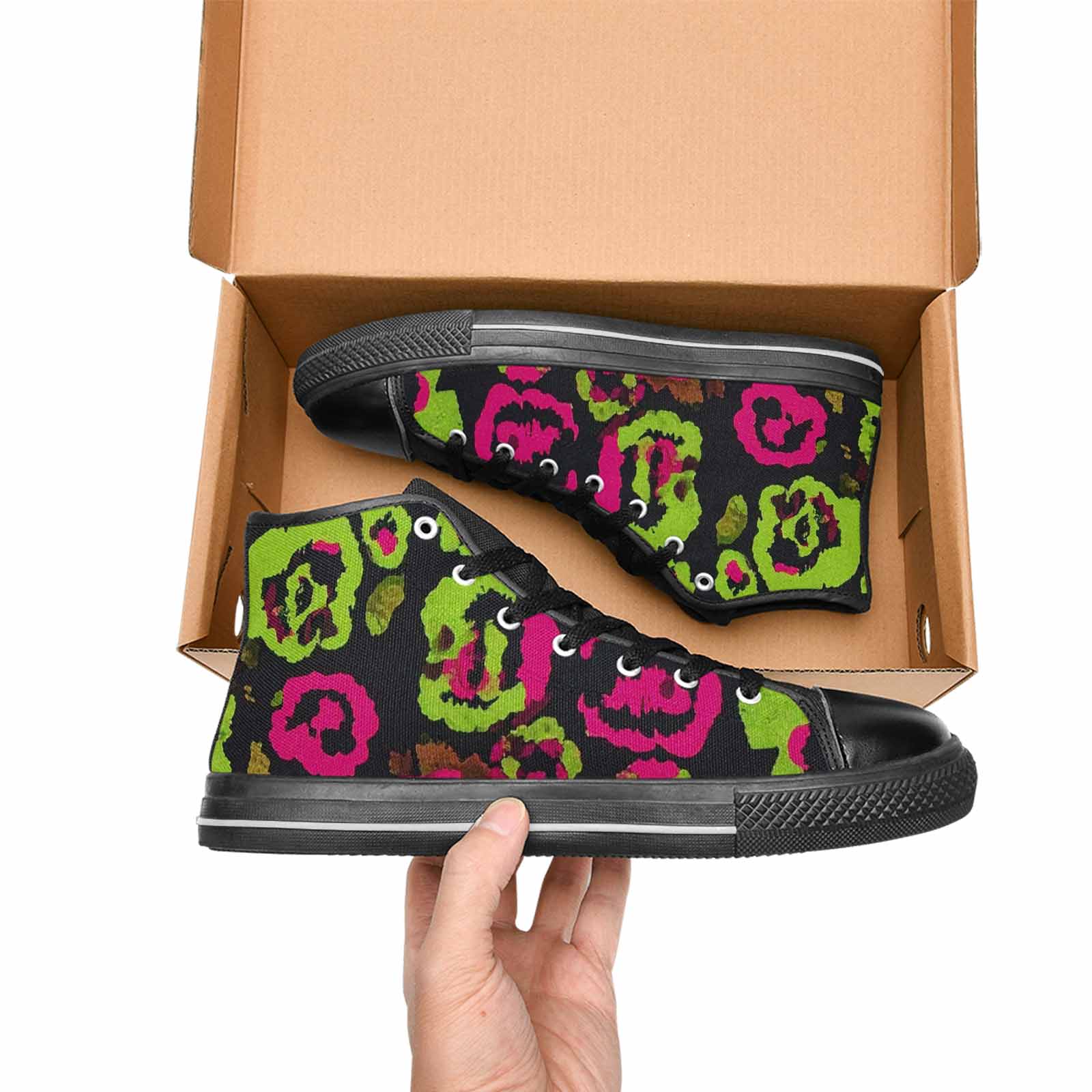 WOMEN'S Leopard Neon Rosette Black High Top Canvas Neon Fantasy Custom Sneakers