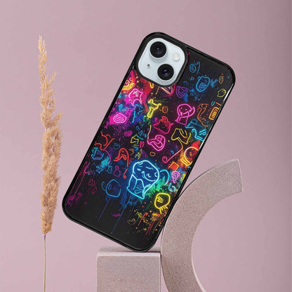 iPhone 15 Plus Case — Neon Glow Outline Icon Pattern Hundreds, Customized Protective Case