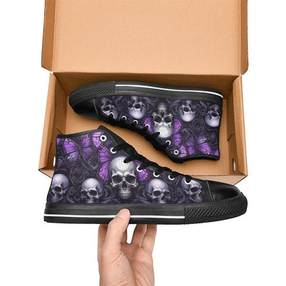 Freaky Shoes custom art sneakers with purple butterfly skull art, made to order wearable art