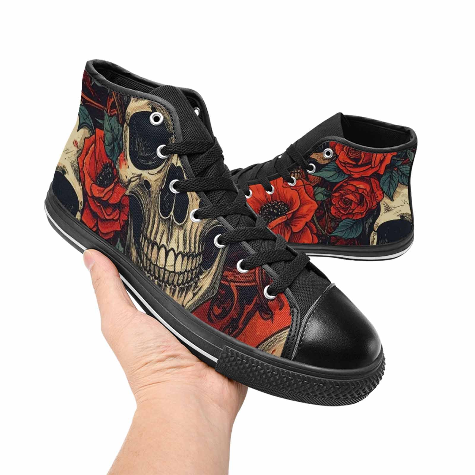 MEN'S Skulls Roses Bold Pen Ink High Top Canvas Wallpaper Art Custom Shoes