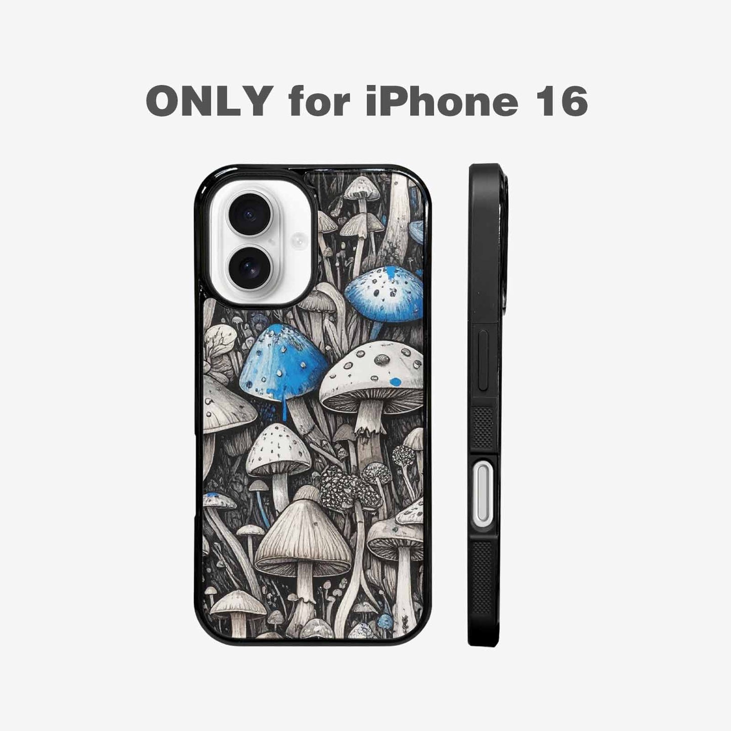 iPhone 16 Case — Mushrooms General Black Blue Ink Mushrooms, Custom Designed Case Cover