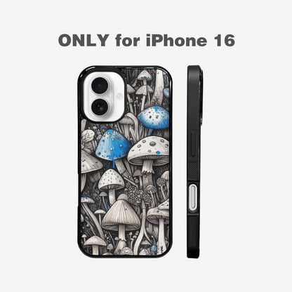 iPhone 16 Case — Mushrooms General Black Blue Ink Mushrooms, Custom Designed Case Cover
