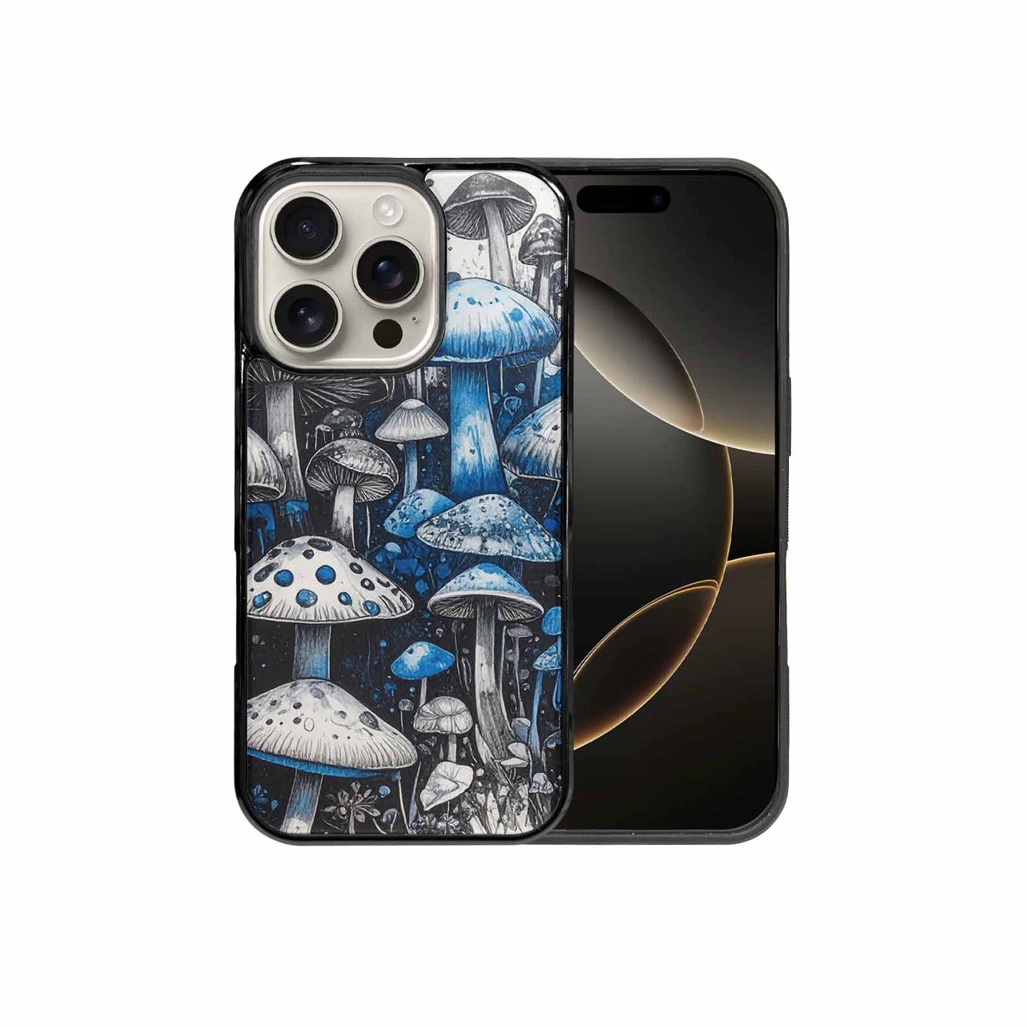 iPhone 16 Pro Case — Mushrooms General Black Blue Ink Mushrooms, Custom Phone Case