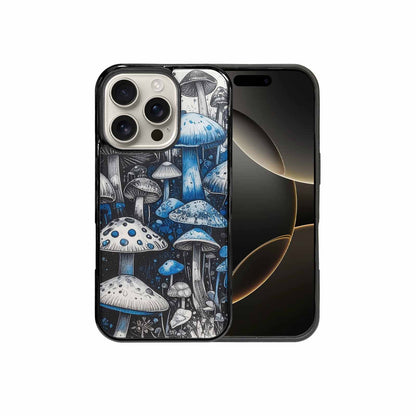 iPhone 16 Pro Case — Mushrooms General Black Blue Ink Mushrooms, Custom Phone Case