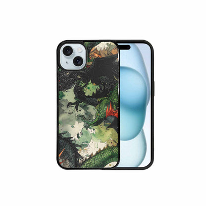 iPhone 15 Plus Case — Dragon Scale Black Green Ink Dragons, Unique Phone Case Design