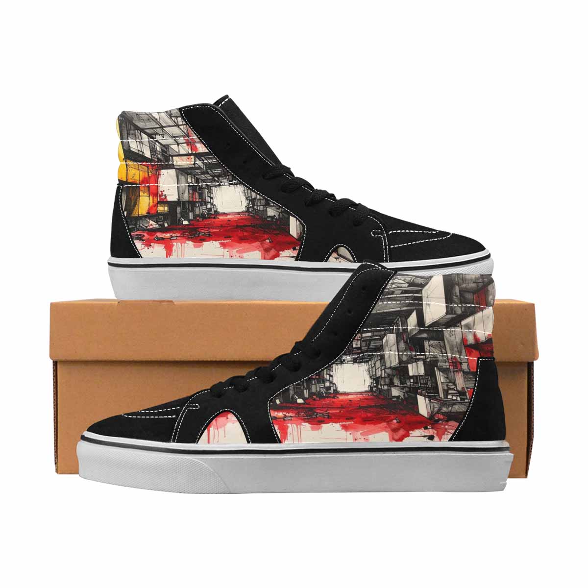 MEN'S Liminal Black & Red Ink High Top Canvas Statement Neon Fantasy All Over Print Shoes